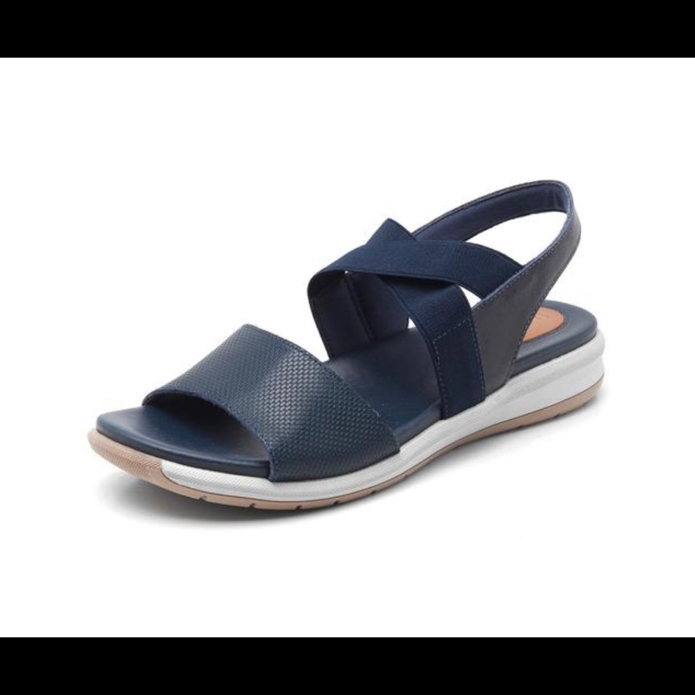 Leather and Cross Strap Sandal in Navy Blue